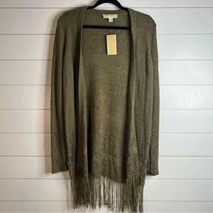 Michael Kors‎ Green Long Sleeved Open Cardigan Fringe Sweater. Size Medium. NWT.